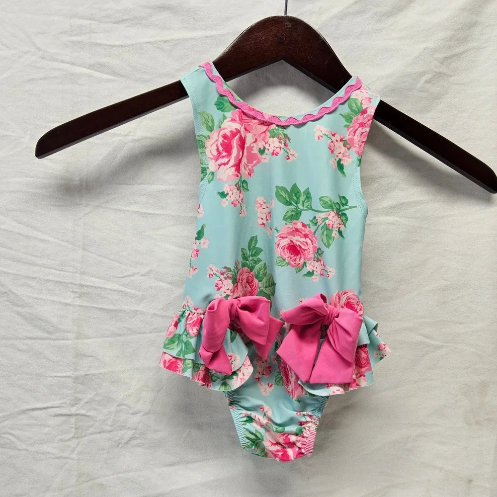 Mud‎ Pie Swimsuit Baby Girls 24M 2T Blue Floral Rose Pink Bow Ric Rac One Piece